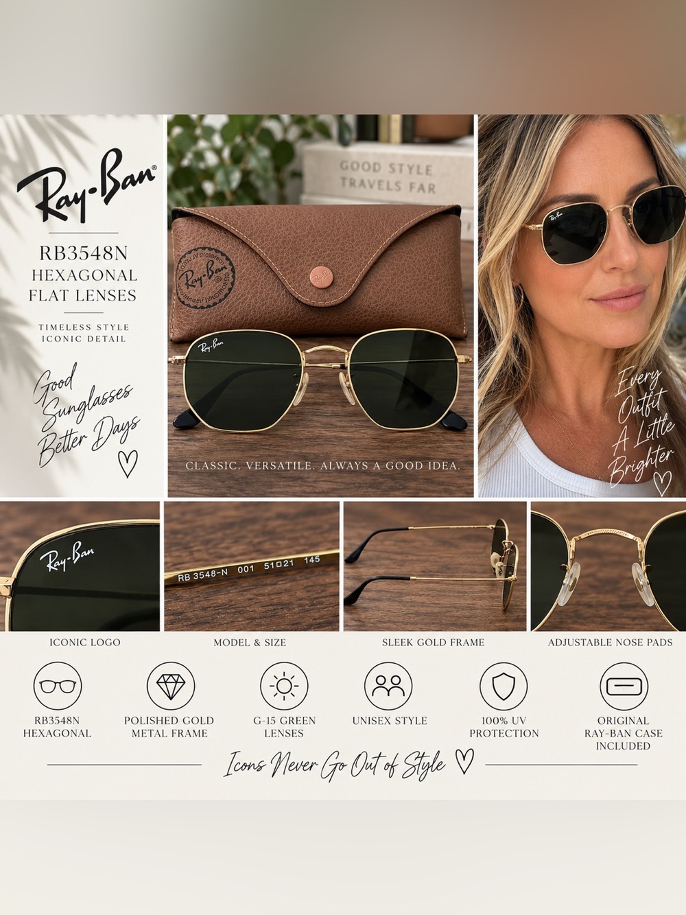 Ray-Ban RB3548N Hexagonal Flat Lens Gold Green Sunglasses 51mm